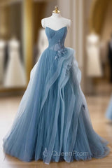 Dusty Blue Tulle Floor Length Evening Prom Dresses, Blue Off the Shoulder Removable Sleeve Evening Dresses
