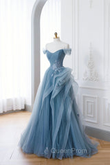 Dusty Blue Tulle Floor Length Evening Prom Dresses, Blue Off the Shoulder Removable Sleeve Evening Dresses