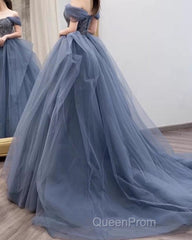 Dusty Blue Tulle Evening Prom Dresses Off Shoulder