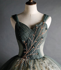 Dusty Green Ball Gown Beaded Tulle Formal Dresses, Ball Gown Sweet 16 Dresses