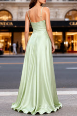 Dusty Sage A Line Cowl Neck Satin Long Evening Prom Dresses with Pleated