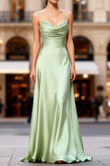 Dusty Sage A Line Cowl Neck Satin Long Evening Prom Dresses with Pleated