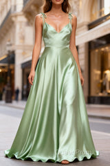 Dusty Sage Classy Satin Long Evening Prom Dresses with Pleated