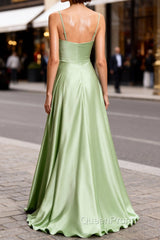 Dusty Sage Classy Satin Long Evening Prom Dresses with Pleated