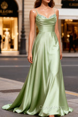 Dusty Sage Classy Satin Long Evening Prom Dresses with Pleated