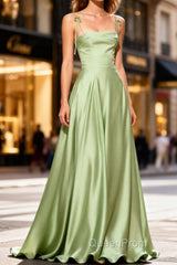 Dusty Sage Cute Satin Long Evening Prom Dresses with Pleated