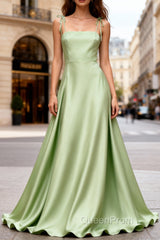 Dusty Sage Elegant Satin Long Evening Prom Dresses with Pleated