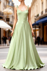 Dusty Sage Elegant Satin Long Evening Prom Dresses with Pleated