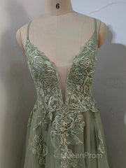 Dusty Sage Evening Prom Dresses Plunging V Neck Appliques Lace-Up A-line Long Evening Gown