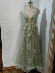 Dusty Sage Evening Prom Dresses Plunging V Neck Appliques Lace-Up A-line Long Evening Gown