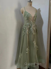 Dusty Sage Evening Prom Dresses Plunging V Neck Appliques Lace-Up A-line Long Evening Gown