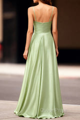 Dusty Sage Satin Long Classy Evening Prom Dresses with Pleated