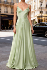 Dusty Sage Unique Satin Long Evening Prom Dresses with Pleated