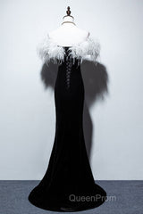 Black Velvet Mermaid Evening Prom Dresses with Feather, Off the Shoulder Long Evening Gown