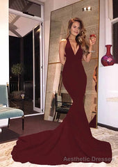 Elastic Satin Court Train Trumpet/Mermaid Sleeveless V-Neck Zipper Prom Dresses