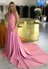 Elastic Satin Prom Dresses A-Line/Princess High-Neck Chapel Train With Pleated