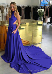 Elastic Satin Prom Dresses A-Line/Princess High-Neck Chapel Train With Pleated