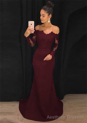 Elastic Satin Prom Dresses Sheath/Column Off-The-Shoulder Court Train With Lace