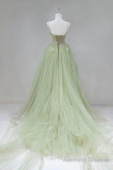 Elegant A Line Open Back Green Tulle Long Prom Dresses, Green Formal Graduation Evening Dresses