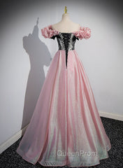 Elegant A-line Pink Off Shoulder Long Evening Dresses, Pink with Black Lace Long Evening Prom Dresses