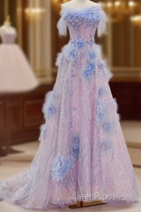 Elegant A Line Strapless Tulle Floral Evening Prom Dresses