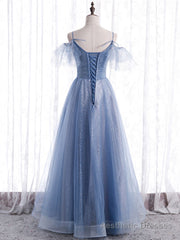 Elegant  A line Tulle Sequin Blue Long Prom Dress, Tulle Blue Formal Evening Dress