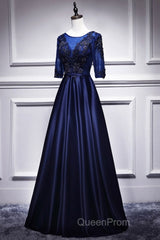 Elegant And Noble Blue Short Sleeved Lace Decal Ball Dresses With Blue V-Neck Satin And Beaded Back Zipper And Floor Length Evening Dresses