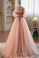 Elegant And Sweet Powder Blusher Powder Beading Sequins Off Shoulder Short Sleeve Evening Prom Dresses Powder Blusher Powder A-Shaped Princess Bow Belt Tulle Backless And Floor Length Evening Dresses