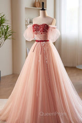 Elegant And Sweet Powder Blusher Powder Beading Sequins Off Shoulder Short Sleeve Evening Prom Dresses Powder Blusher Powder A-Shaped Princess Bow Belt Tulle Backless And Floor Length Evening Dresses