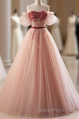 Elegant And Sweet Powder Blusher Powder Beading Sequins Off Shoulder Short Sleeve Evening Prom Dresses Powder Blusher Powder A-Shaped Princess Bow Belt Tulle Backless And Floor Length Evening Dresses