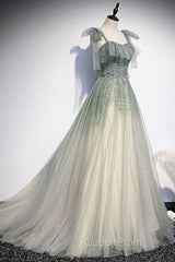 Elegant And Sweet Sage Green Sleeveless Off Shoulder Beads With Sparkling Sheer Sequins Evening Prom Dresses Sage Green A-Line Princess Shoulder Off Back Sweeping Train Ruffle Edge Evening Dresses