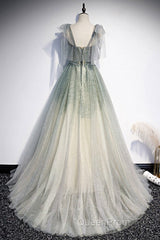 Elegant And Sweet Sage Green Sleeveless Off Shoulder Beads With Sparkling Sheer Sequins Evening Prom Dresses Sage Green A-Line Princess Shoulder Off Back Sweeping Train Ruffle Edge Evening Dresses