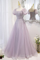 Elegant And Unique Lavender Square Neckline Fluffy Short Sleeved Beaded Sequin Ball Dresses Lavender A-Line Princess Sheer Backless Strap And Floor Length Evening Dresses