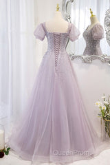 Elegant And Unique Lavender Square Neckline Fluffy Short Sleeved Beaded Sequin Ball Dresses Lavender A-Line Princess Sheer Backless Strap And Floor Length Evening Dresses
