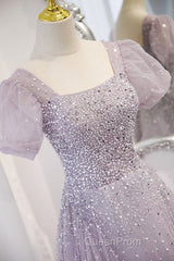 Elegant And Unique Lavender Square Neckline Fluffy Short Sleeved Beaded Sequin Ball Dresses Lavender A-Line Princess Sheer Backless Strap And Floor Length Evening Dresses