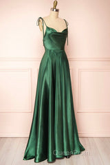 Elegant Backless Green Satin Long Evening Prom Dresses, Backless Green Formal Graduation Evening Dresses