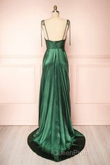 Elegant Backless Green Satin Long Evening Prom Dresses, Backless Green Formal Graduation Evening Dresses