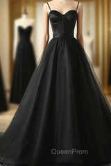 Elegant Black Straps Tulle Sweetheart Evening Prom Dresses, Black Party Dresses