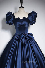 Elegant Blue Satin Evening Prom Dresses, Square Neckline Puffy Short Sleeve Bow Backless Floor-Length Evening Dresses