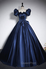 Elegant Blue Satin Evening Prom Dresses, Square Neckline Puffy Short Sleeve Bow Backless Floor-Length Evening Dresses