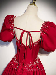 Elegant Burgundy Floor Length Evening Prom Dresses, A-Line Beading Puffy Short Sleeve Backless Evening Dresses