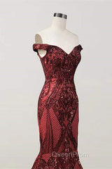 Elegant Burgundy Off-the-shoulder Mermaid Evening Prom Dresses