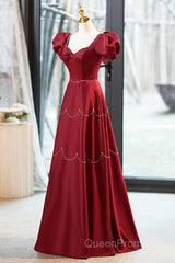 Elegant Burgundy Satin Long Evening Prom Dresses With Beaded, Burgundy Short Sleeve Evening Dresses