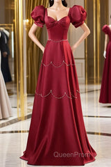 Elegant Burgundy Satin Long Evening Prom Dresses With Beaded, Burgundy Short Sleeve Evening Dresses