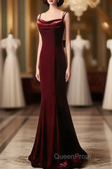 Elegant Burgundy Spaghetti Straps Velvet Mermaid Evening Prom Dresses Evening Dresses