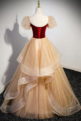 Elegant Burgundy Sparkling Sequin Square Neck Fluffy Short Sleeved Ball Dresses, Burgundy Princess Sheer Backless Strap, Floor Length Layered Ruffle Edge Evening Prom Dresses