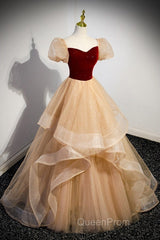 Elegant Burgundy Sparkling Sequin Square Neck Fluffy Short Sleeved Ball Dresses, Burgundy Princess Sheer Backless Strap, Floor Length Layered Ruffle Edge Evening Prom Dresses