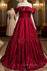 Elegant Burugndy Satin Off the Shoulder Evening Prom Dresses