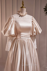 Elegant Champagne Satin A-Line Evening Prom Dresses, Champagne Ruffle High Neck Puffy Short Sleeve Backless Evening Dresses