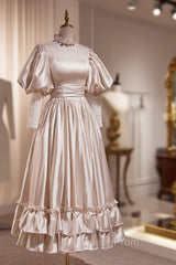 Elegant Champagne Satin A-Line Evening Prom Dresses, Champagne Ruffle High Neck Puffy Short Sleeve Backless Evening Dresses